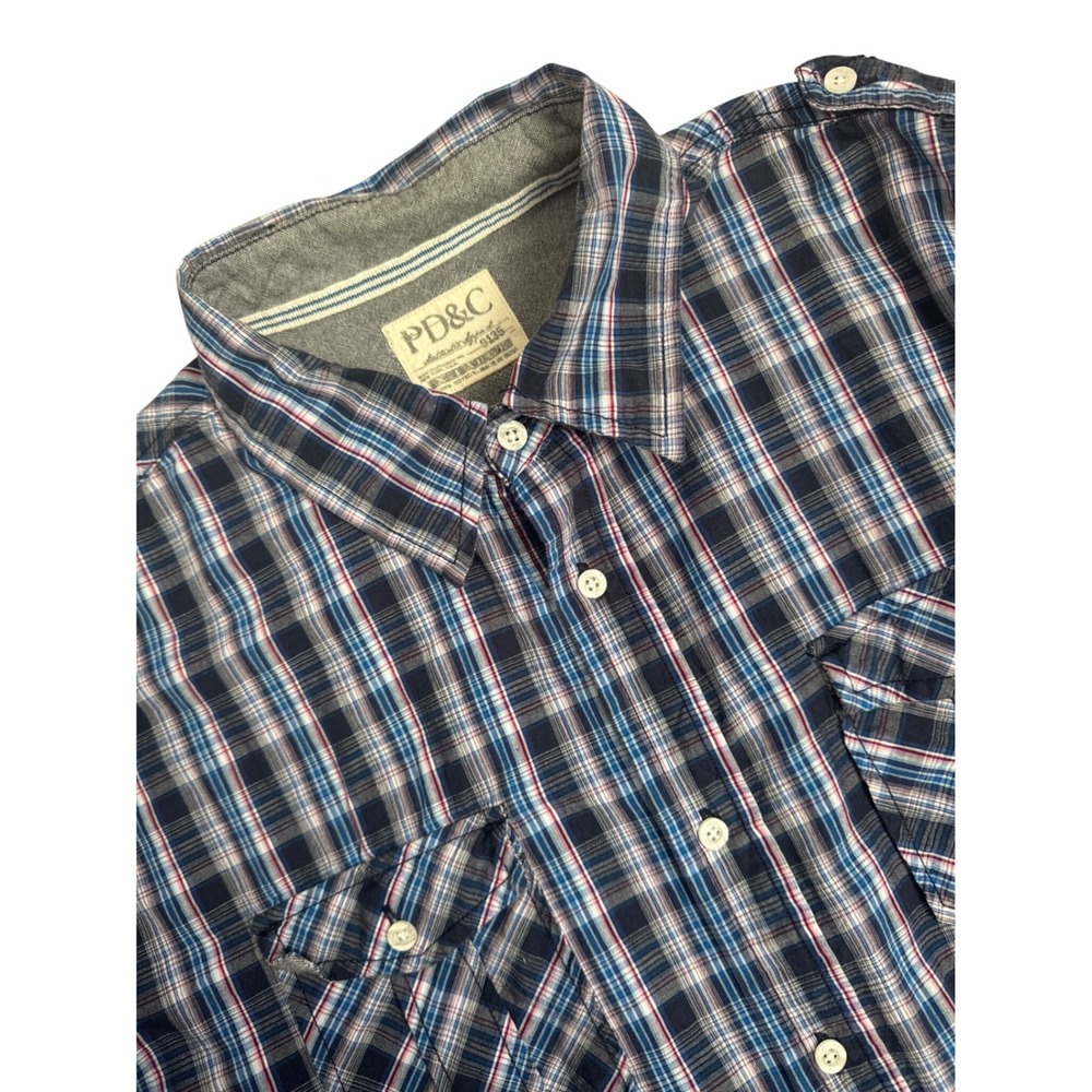 PD&C Mens XL Short Sleeve Button Down Shirt Navy Blue Plaid Cotton Casuaul